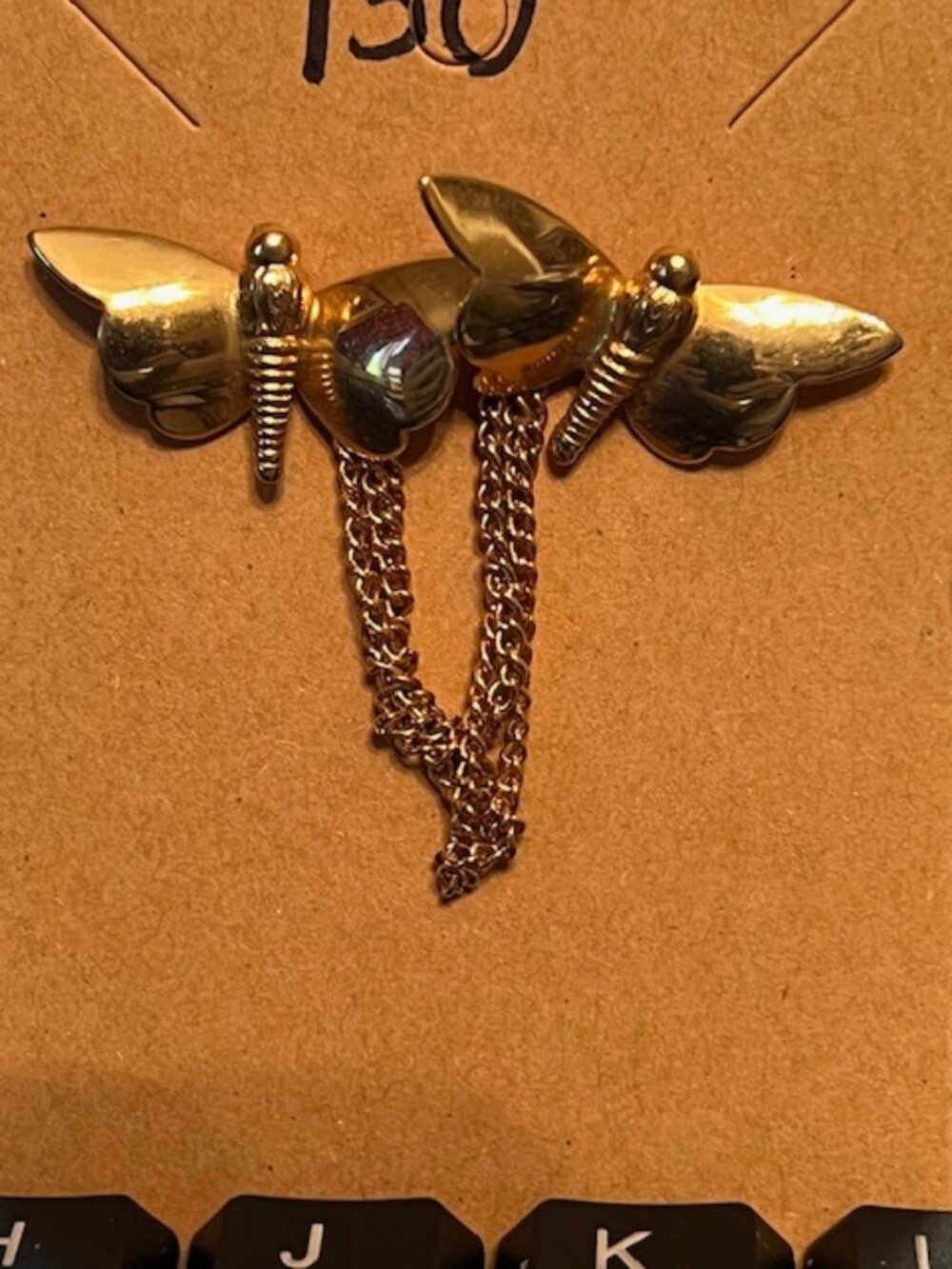 Vintage Gold Tone Butterfly Brooch with Chains (150)